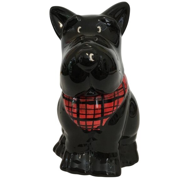 VTG MISR Japan Scottie Dog Cookie Jar Black Ceramic Red  VTG MISR Japan Scottie Dog Cookie Jar Black Ceramic Red Plaid Scarf Treat Jar